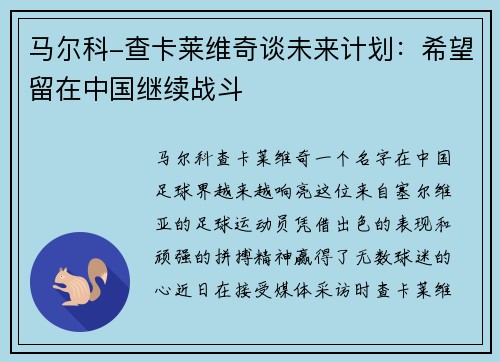 马尔科-查卡莱维奇谈未来计划：希望留在中国继续战斗