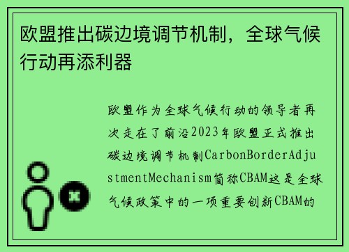 欧盟推出碳边境调节机制，全球气候行动再添利器