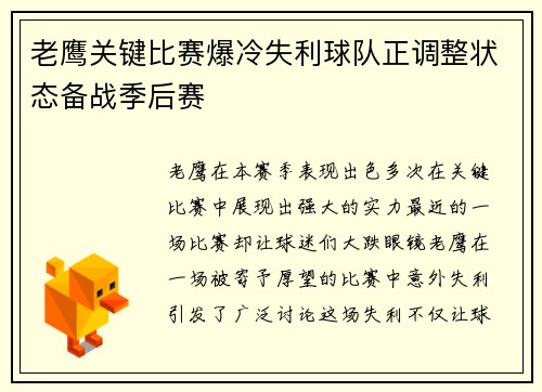 老鹰关键比赛爆冷失利球队正调整状态备战季后赛